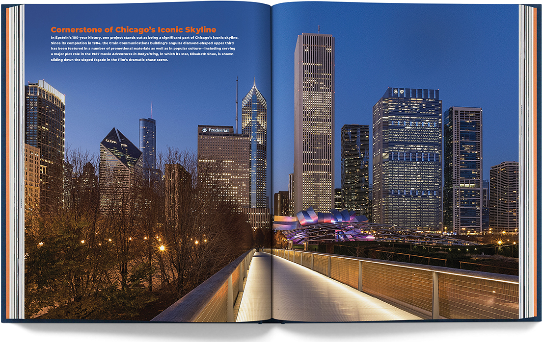The Epstein Story – Iconic Chicago skyline spread with Mark Ballogg photo of Crain Communicaitons building by Millennium Park in Chicago 