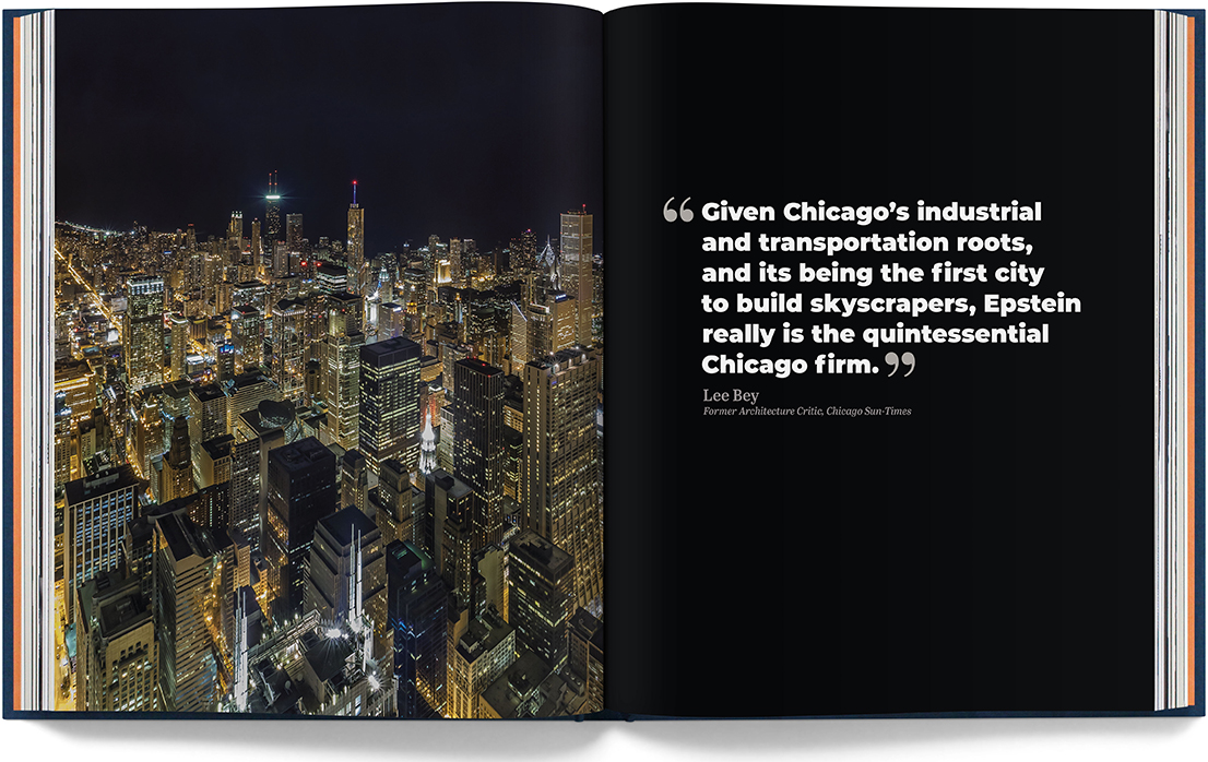 The Epstein Story – book spread with Chicago nighttime skyline photo by Mark Ballogg with Lee Bey quote 