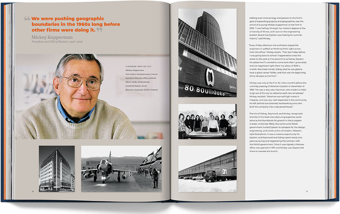 The Epstein Story – book interior spread with Mickey Kupperman and global projects
