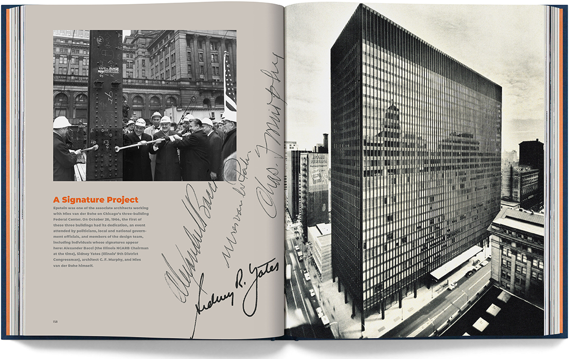 The Epstein Story - historical photo in Chicago's iconic Federal Plaza development, with Mies van der Rohe and Mayor Richard J. Daley of Chicago