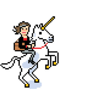 Pixelated style illustration of a woman riding a unicorn