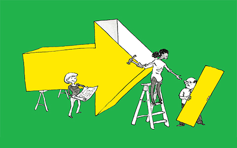 Illustration from When Everyone Leads, showing people working together to build an arrow. Cartoon drawn by Pat Byrnes.