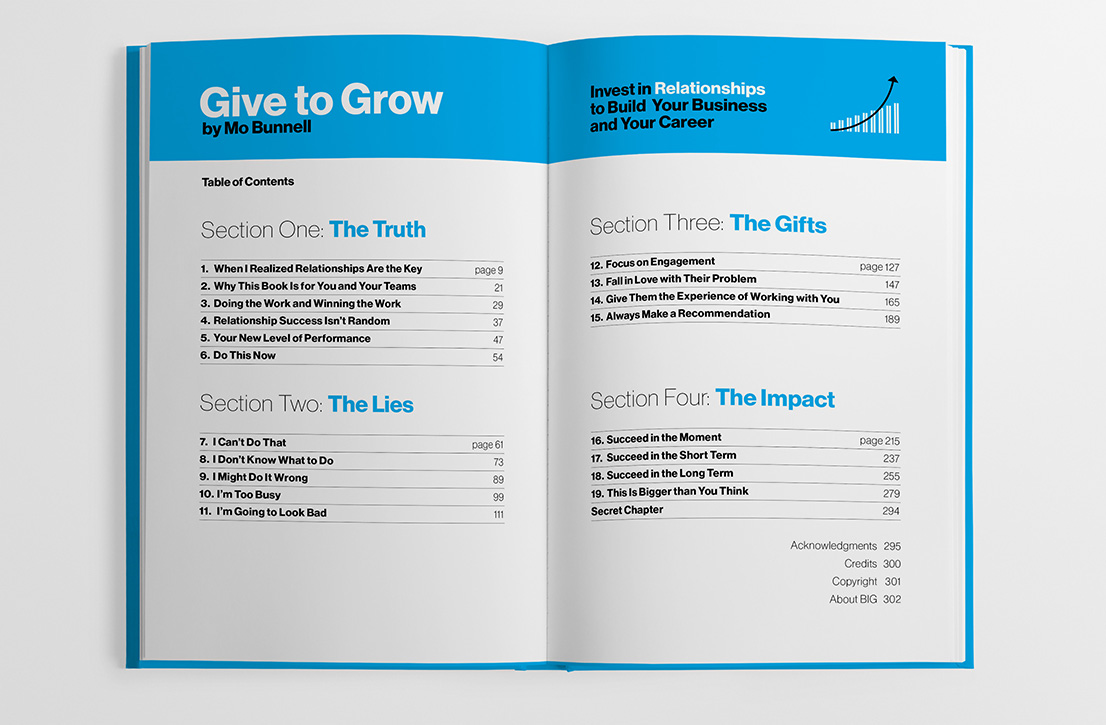 Photo of Give to Grow book design - table of contents spread