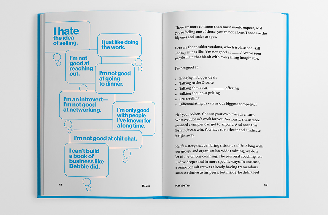 Photo of Give to Grow book interior design with thought bubbles representing feelings people have about new business development