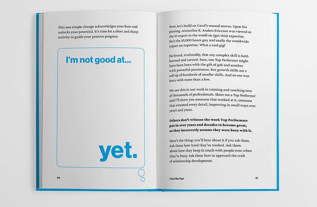 Photo of Give to Grow book interior design showing an exercise for "I'm not good at (fill in blank) YET."